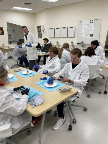 partial picture of class with cow eyes for disection
